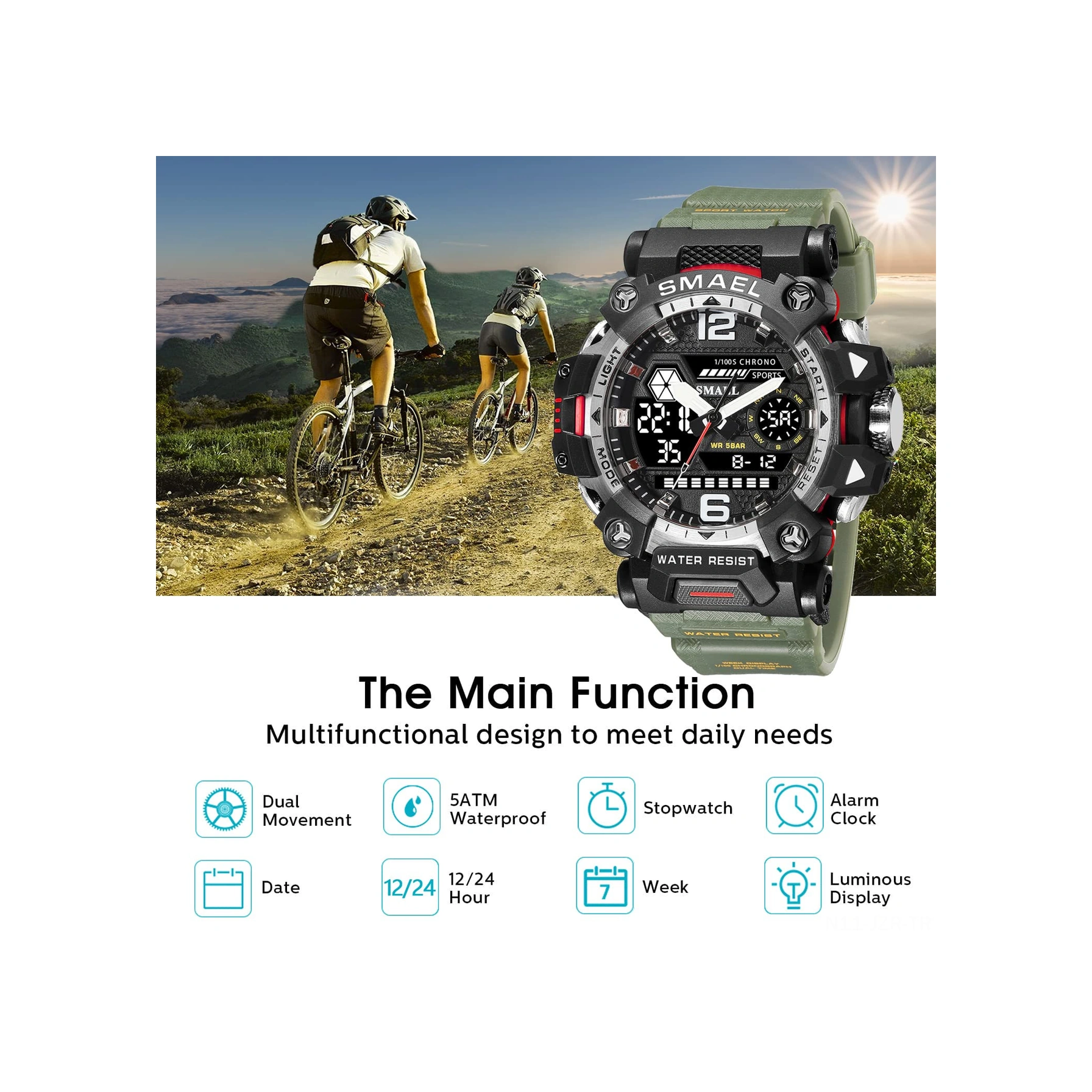 Geeroyoo Erkekler İçin Smael 8072 Askeri Stili Kronograf Alarm Stopwatch Sert Çarpıma Dayanıklı 3atm Su Geçirmez Led Işıklı Dış Mekan Kol Saati