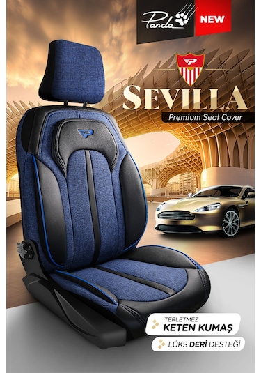 Mavi - Siyah Panda Sevılla Serısı Keten Kumaş Oto Koltuk Kılıfı - Tam Set