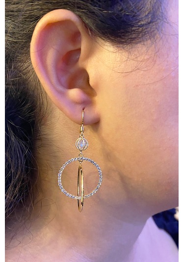 Kadın Gold Detay Taşlı Tasarım Model Sallantılı Çelik Küpe Gold