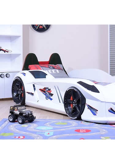 Setaymobilya Arabalı Yatak, Jaguar Koltuklu Full Ledli Beyaz, Süperlüx, Setay