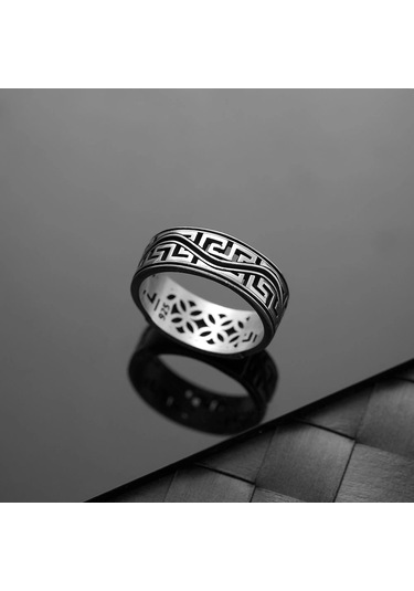 İpek Silver 925 Ayar Gümüş Grek Motifli Üstü Kişiselleştirilebilir Erkek Yüzüğü Çok Renkli