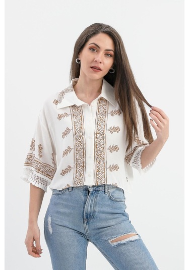 Antik Desenli Kolları Püsküllü Gömlek - Kahverengi-kahverengi Kahverengi