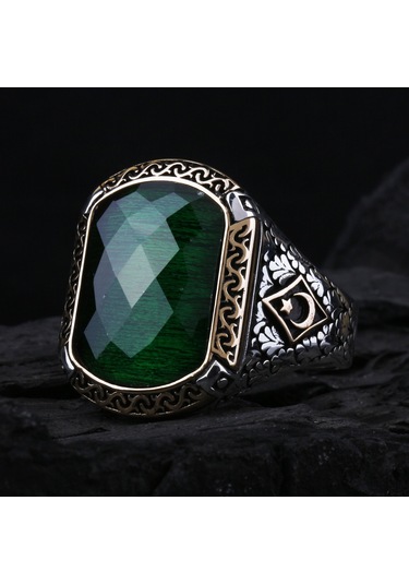 Fkgümüş Ay Yıldız Motifli Yeşil Faset Taşlı Erkek Gümüş Yüzük Silver