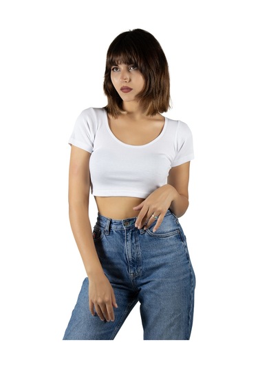 Beyaz Havuz Yaka Fitted/vücuda Oturan Kısa Kol Crop Tişört Beyaz