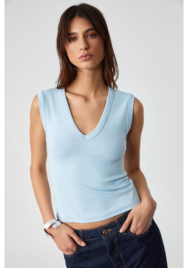 GRIMELANGE Lescosa Kadın Slim V Yaka Kolsuz Mavi T-shirt Mavi