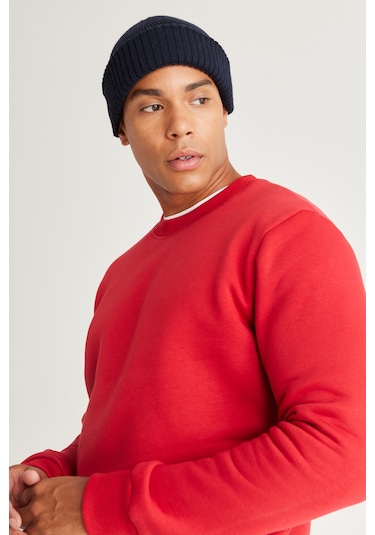AC&Co / Altınyıldız Classics Erkek Kırmızı Standart Fit Normal Kesim İçi Polarlı Bisiklet Yaka Sweatshirt Kırmızı