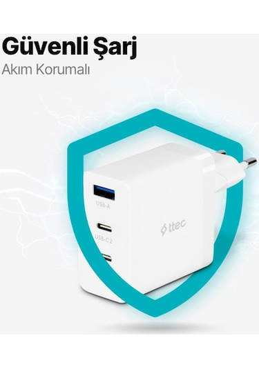 Ttec 2SCG03B Smartcharger Trio Gan 65W 2 Usb-C+ Usb-A PD Hızlı Şarj Aleti