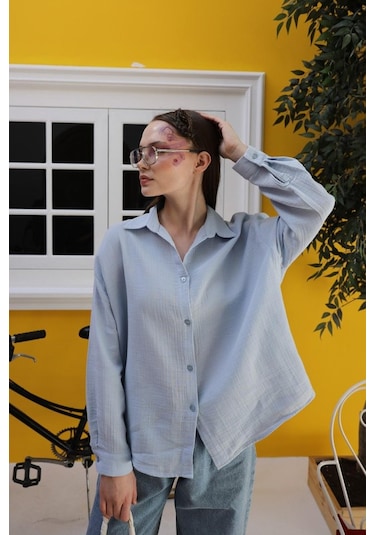 Müslin Uzun Kol Gömlek - Bebe Mavisi Karışık