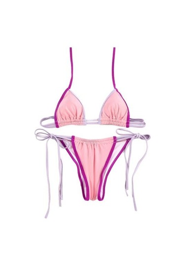 2 Adet/set Kadın Mayo Seti Halter Balenli Dolgusuz Sütyen Büzgülü Yüksek Bel Bikini Altı Seti Yama İşi Renkli Plaj Giyim Pembe