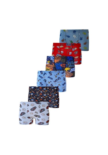 6Lı Erkek Çocuk Renkli Desenli Baskılı Boxer Külot