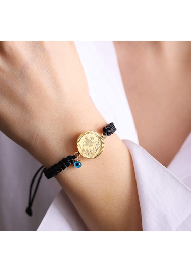 Çeyrek Reşat Altın Bileklik 14K Nazarboncuk (Siyah Ip) Sarı Altın