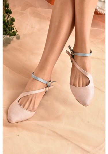 Fox Shoes Pudra/mavi Süet Kadın Babet D726016902 Pudra - Mavi