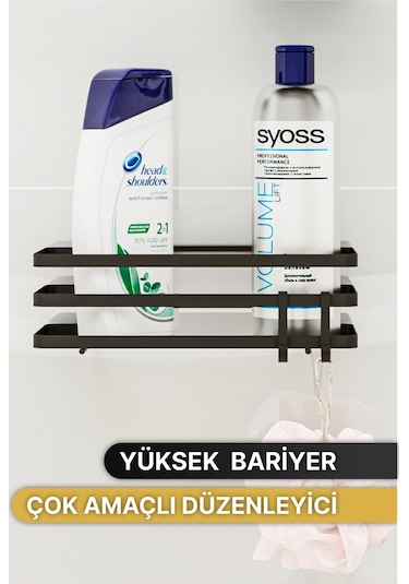 Banyo Düzenleyici Şampuanlık Sabunluk 1 Adet Lamalı Yapışkanlı 2 Askılı Duş Rafı Organizer Siyah