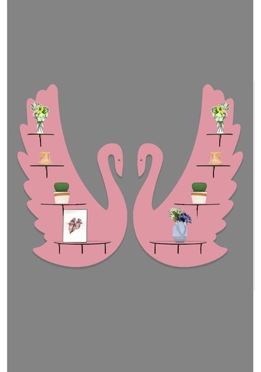 2'li Kuğu Ahşap Duvar Dekoru 8 Raflı Mobilya