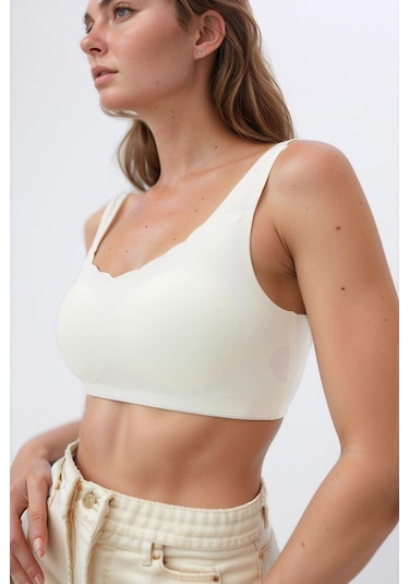 Krem Dikişsiz Lazer Kesim Sütyen Pedli Kadın Hayalet Sütyen Dalga Detaylı Krem