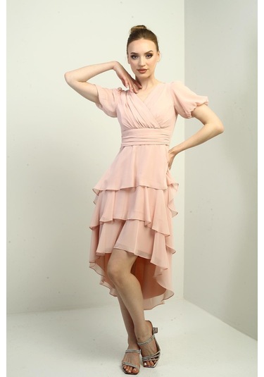 Kadın Kruvaze Yaka Arkası Fermuarlı Katkat Pileli Şifon Elbise-40814 Pudra