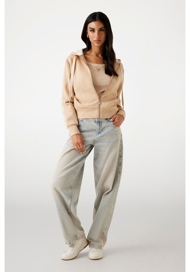 Kadın Scuba Fermuarlı Kapüşonlu Sweatshirt - Krem Krem