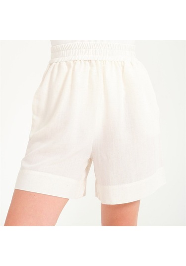 Kadın Keten Safari Şort-Krem