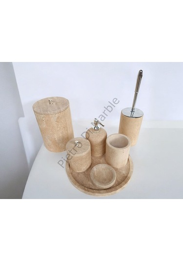 Sarı Traverten Klasik Model 7 Parça Gümüş Renk Düğme Aksesuarlı Banyo Seti Sarı Traverten