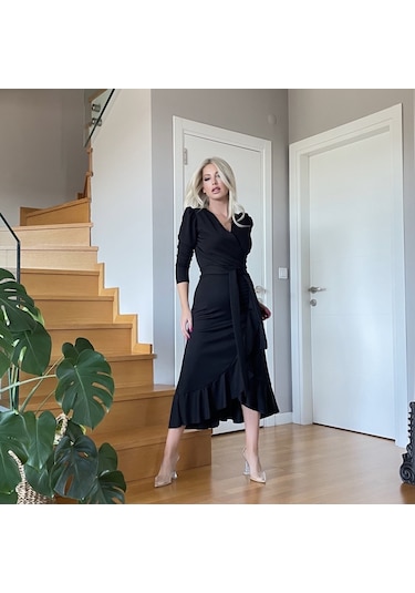 Krep Kumaş Midi Boy Kuşaklı Uzunkol Elbise 113 Cm Bediva 001