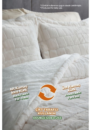 Evlen Home Çift Taraflı Kişilik Kürk Yatak Örtüsü Uyku Seti Yumuşak Dolgulu Wellsoft Peluş 3 Parça Benita Krem Krem