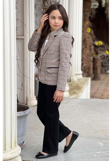 Riccotarz Kız Çocuk Yakası Açık Ve Taş Detaylı Bluz Ekose Çizgi Blazer Ceket Kemerli Siyah Alt Üst Takım Siyah