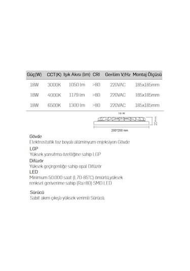 Lamptime Sıva Altı Led Spot Beyaz Gövde 18W 3000K Kare 260331
