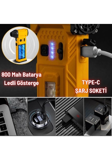 Şarjlı Mini Jet Turbo Fan Araç Kurutucu Led Işık Çakar İkaz Devir Ayarlı Mangal Üfleme Klavye Temizleme