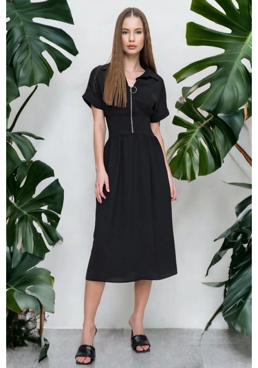 Kadın Siyah Fermuarlı Beli Büzgülü Airobin Polo Yaka Elbise Maksi Boy Uzun Rahat Ve Günlük Siyah