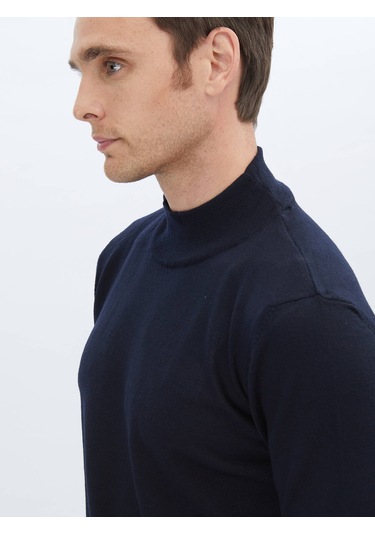 Kip Lacivert Yarım Balıkçı Yaka Düz Örgü Yün Karışımlı Triko Çok Renkli