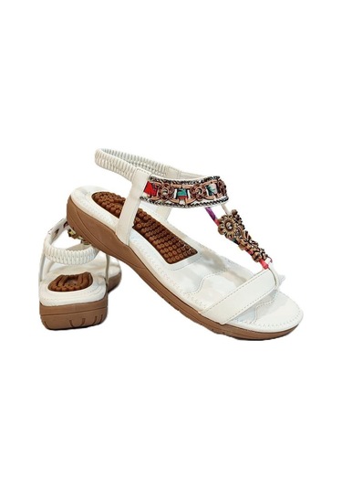 Voyager 9639 Beyaz Taban Masajlı Taş İşlemeli Bayan Sandalet Beyaz