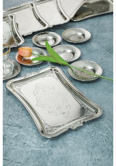 Tek Kişilik Kahve Sunumluk Paslanmaz Metal Damat Ve Söz Tepsisi Kararmaz Kaplama Gümüş 001