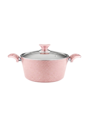 24 Cm Granit Derin Tencere Cam Kapak - Pembe Pembe