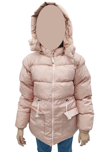 Kız Çocuk Kapüşonu Çıkabilen Fermuar Kapamalı Beli İp Bağlamalı İçi Peluş Astarlı Pembe Mont Pembe