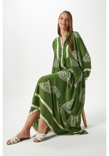Modest Helena Yeşil Krem Kadın %100 Viskon Maksi Boy Katlı Balon Kol Uzun Yazlık Elbise Çok Renkli