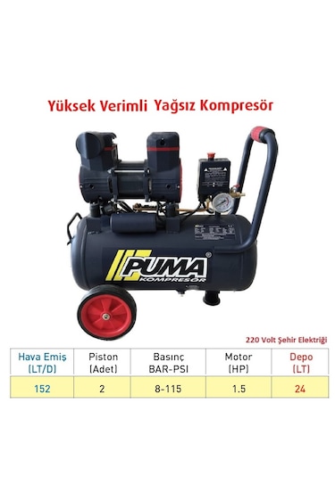 Puma PSLYH24-1.5M 24 L Yüksek Verimli Yağsız Kompresör