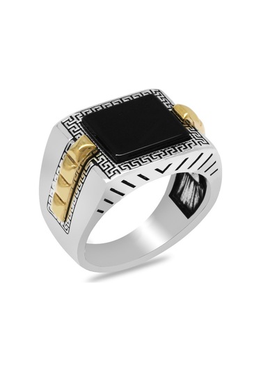 Kare Tasarım Siyah Oniks Taşlı Greek Desenli 925 Ayar Gümüş Erkek Yüzük
