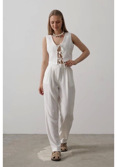 Defymoda Bağlamalı Yelek - Beyaz Beyaz
