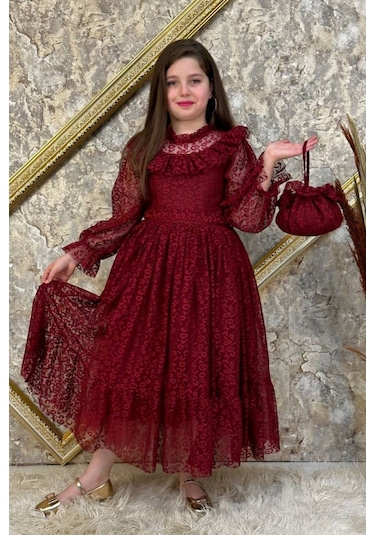 Kız Çocuk Nisa Model Tam Boy Çantalı Abiye Elbise 10 - 13 Yaş