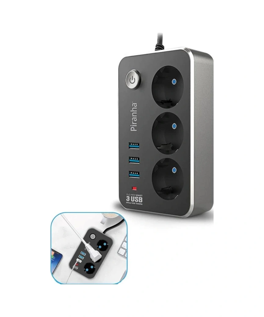 Isıya Dayanıklı Termal Akım Korumalı 2 Mt 10a 2500w 3lü Priz Ve 3 Usbi 2.1a Uzatma Kablosu 0.7 M
