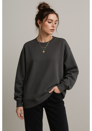 Kadın Füme Bisiklet Yaka Oversize Sweatshirt Füme