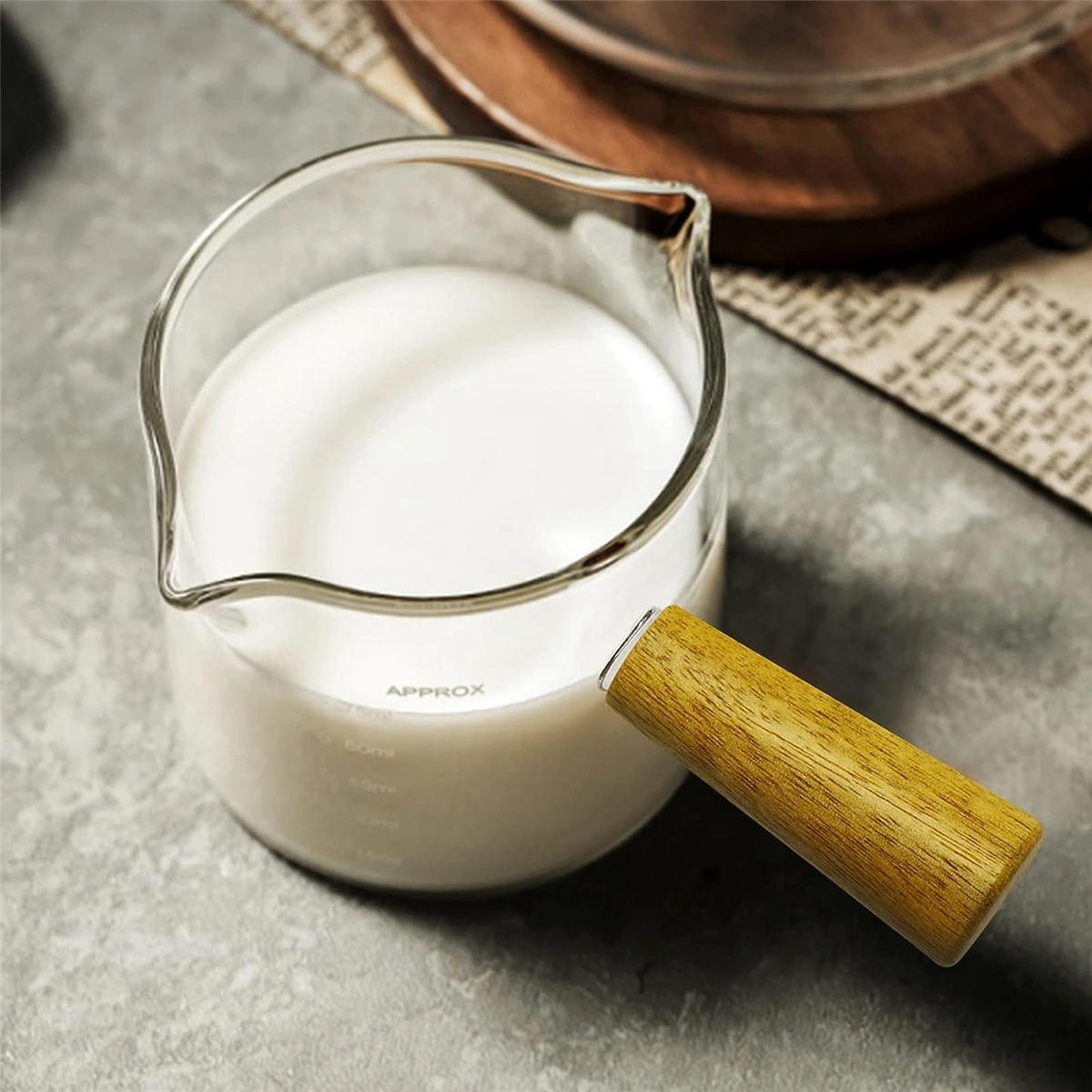 Yunboo 75 Ml Cam + Ahşap İki Ağızlı Espresso Ölçü Bardağı, Isı Yalıtımı Ahşap Saplı, Dökülmeyen, Net Ölçekli 2 Adet Şeffaf