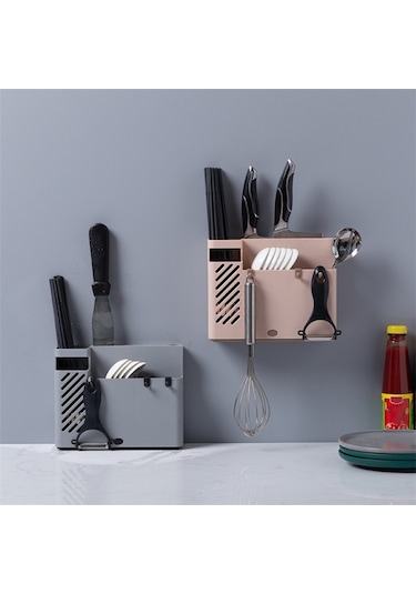 Duvara Monte Çok Fonksiyonlu Kaşık Bıçak Tutucu Gri