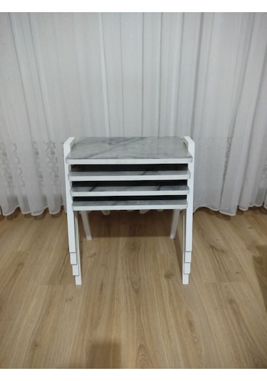 Zigon Sehpa 4'lü Mermer Desenli Tepsi Model Buz Mermer Desen Beyaz Ayak Buz Gri Mermer Desenli