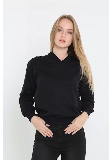 Blacktree Unisex Uzun Kol V Yaka Triko Kazak - Siyah Siyah