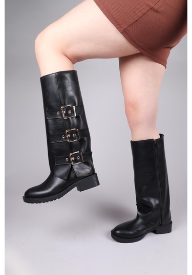 Balrog Gold Kemer Aksesuarlı Düz Çizme Siyah-8465 Siyah