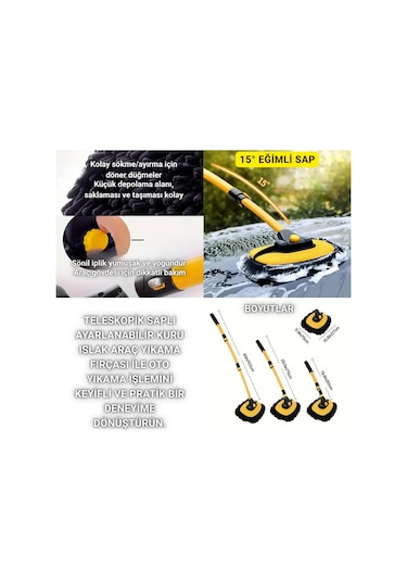 Polham 100cm Uzayabilen Teleskopik Saplı Kuru Islak Araç Temizleme Fırçası, İz Ve Çizik Bırkaz Fırça