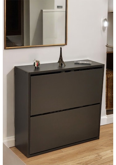 Düşer Kapaklı Ayakkabılık 4 Bölmeli 2 Kapaklı Kayar Raflı Dolap Antrasit