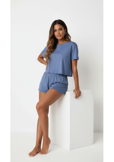 Merlot T-shirt Şort Örme Pijama Takımı Mavi