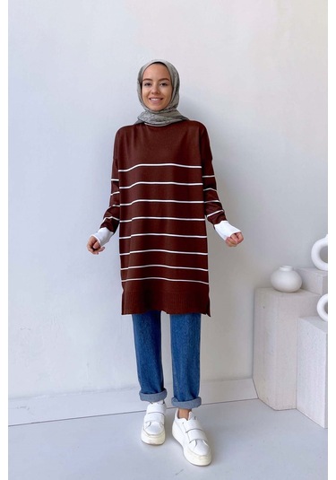Bisiklet Yaka Çizgili Merserize Tunik - Kahverengi